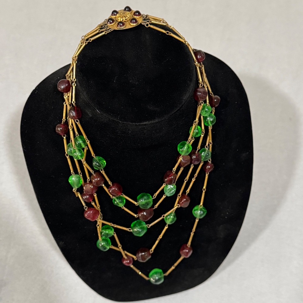 Vintage Necklace Women Gold Green Burgundy Glass Multi Strand Tiered Statement